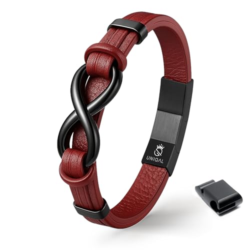 UNIQAL | Unendlichkeit Leder Armband "INFINITY" Herren | Edelstahl/Echtleder Schwarz und Braun + Geschenk Etui box (Rot, 19) von Q UNIQAL STORE GERMANY