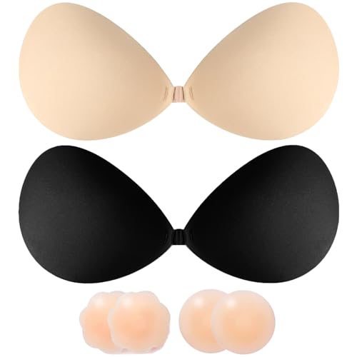 Q-WOOFF 2 Stück Klebe BH，Klebe BH Push Up，BH Ohne Träger Und Rückenfrei，Enthält 4 Brustwarzenpflaster，Wiederverwendbarer Unsichtbarer Rückenloser BH，Sticky Bra，Trägerloser BH(C) von Q-WOOFF