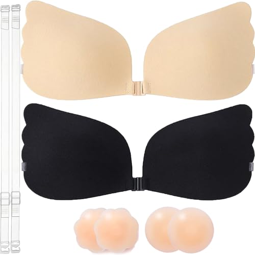Q-WOOFF 2 Stück Klebe BH Push Up, Ohne Träger Und Rückenfrei, Enthält 4 Brustwarzenpflaster, Wiederverwendbarer Unsichtbarer Rückenloser BH, Geeignet für Rückenfreie Kleidung (D) von Q-WOOFF