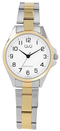Q&Q Damen-Uhr Edelstahl Gliederarmband Faltschließe 3 Bar Analog Quarz (Bicolor weiß) von Q&Q