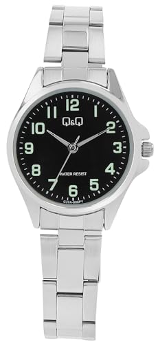 Q&Q Damen-Uhr Edelstahl Gliederarmband Faltschließe 3 Bar Analog Quarz (silberfarbig schwarz) von Q&Q