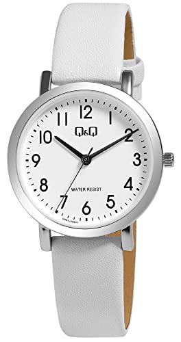 Q&Q Damen-Uhr Kunstleder Armband Dornschließe Datum 3 Bar Analog Quarz (weiß) von Q&Q