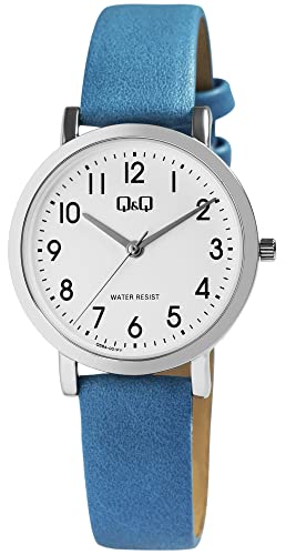 Q&Q Damen-Uhr Kunstleder Armband Dornschließe Datum 3 Bar Analog Quarz (blau) von Q&Q