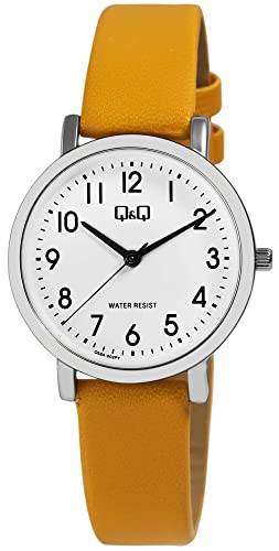 Q&Q Damen-Uhr Kunstleder Armband Dornschließe Datum 3 Bar Analog Quarz (gelb) von Q&Q