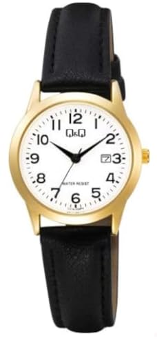 Q&Q Damen-Uhr Leder Armband Datum 3 Bar Analog Quarz (schwarz goldfarbig) von Q&Q