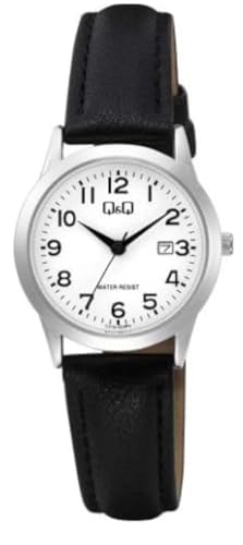 Q&Q Damen-Uhr Leder Armband Datum 3 Bar Analog Quarz (schwarz silberfarbig) von Q&Q