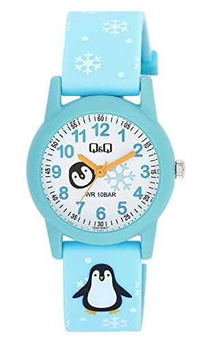 Q&Q Kinder-Uhr Silikon 10 Bar Motiv bunt Lernuhr Analog Quarz (blau weiß) von Q&Q