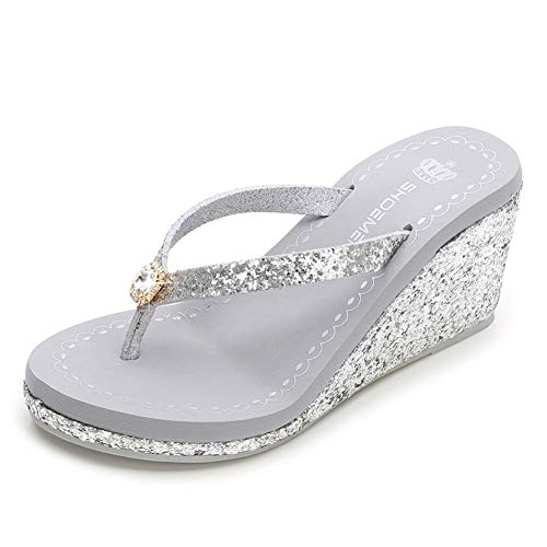 Q&Z Flip Flops Damen Keil Peeptoe Zehentrenner Mit Strass Elegant Frauen Keilsandalen GemüTlich Strand Schuhe Sommerschuhe 2020 Neue,Silver 1,35 von Q&Z