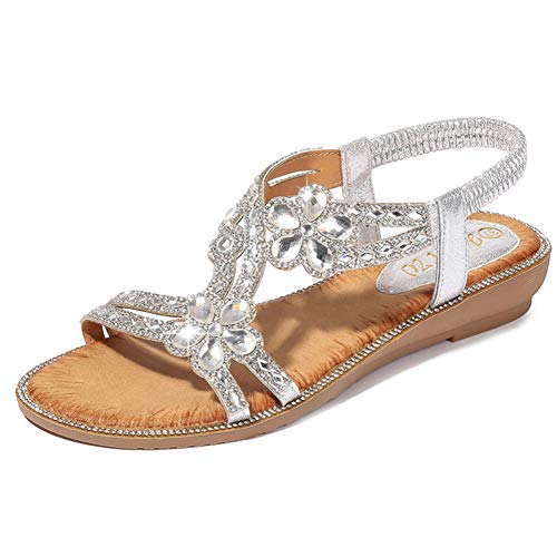 Q&Z Sandalen Damen Keil Peeptoe Keilsandalen Sommer Elegant Open Toe Strand Schuhe Mit Niedrigem Absatz Und GeblüMtem Strass Freizeit Urlaub,Silber,US 9.5 von Q&Z