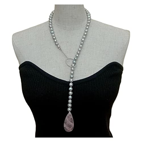 QAOUBJFV 27-Zoll-Süßwasser-Grau-Perle Pave Loop Pullover-Ketten-Halskette Natürliche Tropfen-Rosenkristall-Anhänger-Halskette Ketten für Damen von QAOUBJFV