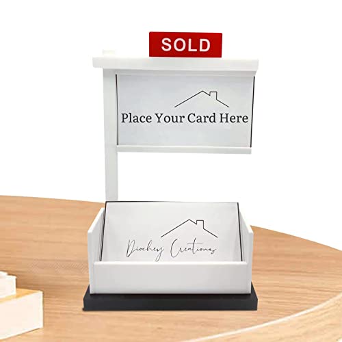 QARIDO Visitenkartenetui „Sold Sign Real Estates“ - Holz-Immobilienmakler-Visitenkartenhalter | 3,5 x 2 Zoll, Empfangstisch-Holzhalter mit Verkaufsschild fü Männer, Immobilienmakler von QARIDO