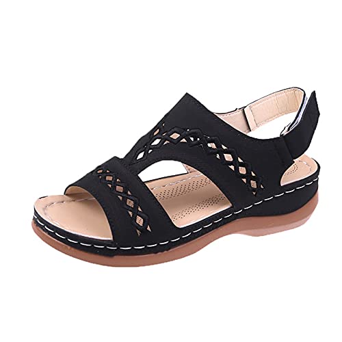 Damen Casual Keilsandalen, Sommer Sandalen, Rutschfest Hausschuhe Schlappen Breite Füße, Frauen Sommer Offene Schuhe Flip Flops Freizeit Sommerschuhe, Draussen Römersandalen Strandschuhe (Schwarz, 40) von QASIMOF