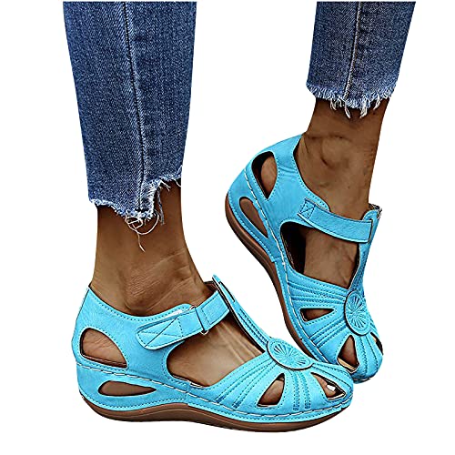 Damen Sandalen Sommer Aushöhlen Geschlossene Sandalen Rutschfest Orthopädische Pantolette Atmungsaktive Frauen Sommerschuhe Casual Sandalen Lässige Trekkingsandalen Strandschuhe (Hellblau, 39) von QASIMOF