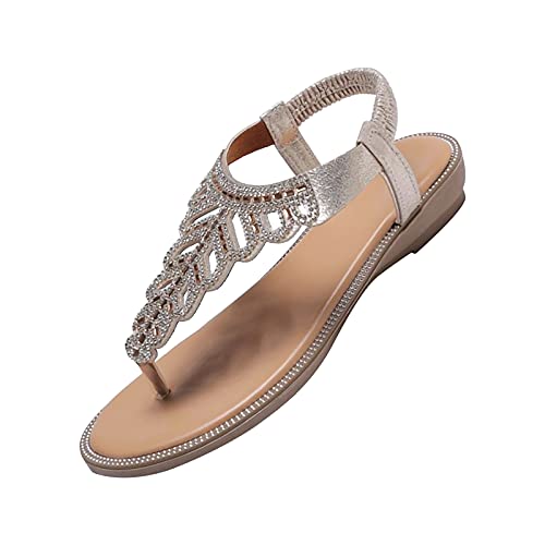 Damen Sommer Strand Sandalen, Frauen Strass Glitzer Flache Sandalen, Casual Elegante Freizeit Schuhe, Strass Strandsandalen Hausschuhe Strandschuhe Römersandalen Sommerschuhe Sandaletten (Gold, 42) von QASIMOF