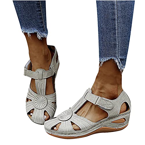 QASIMOF Damen Sandalen Sommer Aushöhlen Geschlossene Sandalen Rutschfest Orthopädische Pantolette Atmungsaktive Frauen Sommerschuhe Casual Sandalen Lässige Trekkingsandalen Strandschuhe (Grau, 42) von QASIMOF