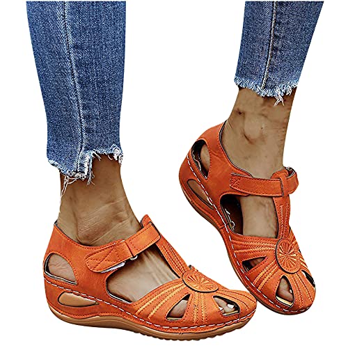 QASIMOF Damen Sandalen Sommer Aushöhlen Geschlossene Sandalen Rutschfest Orthopädische Pantolette Atmungsaktive Frauen Sommerschuhe Casual Sandalen Lässige Trekkingsandalen Strandschuhe (Orange, 39) von QASIMOF