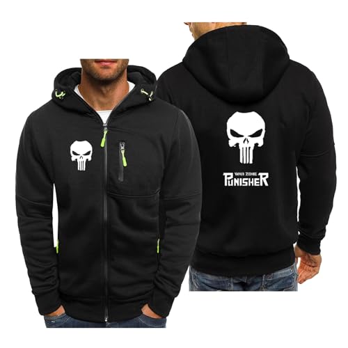 QATOBI Hoodie Jacke Herren Bedruckt Pun.ish-er, Zip Up Langarm Kapuzenpullover Sweatjacke, Vintage Kordelzug Kapuzenpullover Sweatjacke Top, Unisex(Black_3Xl) von QATOBI