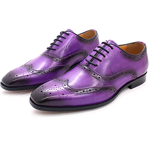 QAXZESA Anzugschuhe für Herren Brogues zum Schnüren Formale Oxford-Schuhe Leder-Derbys für die Hochzeitsarbeit Büro,Purple-38 von QAXZESA