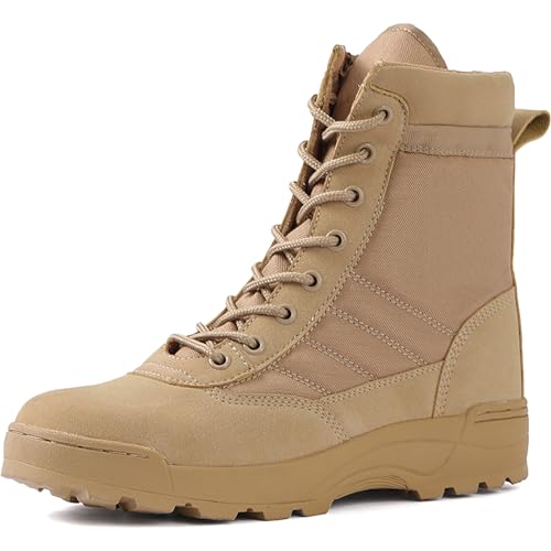 QAXZESA Herren Kampfstiefel Ultraleichte, atmungsaktive Militärstiefel Outdoor-Wüsten-Taktikstiefel Armee-Patrouillenstiefel Schuhe der Sicherheitspolizei,Sand-44 von QAXZESA