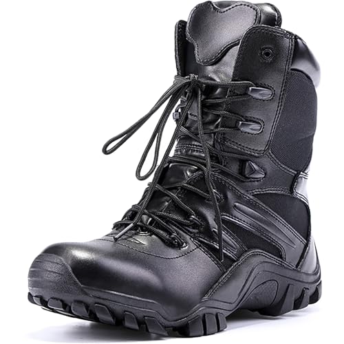 QAXZESA Herren Outdoor Stiefel mit Seitlichem Reißverschluss Wanderschuhe Camping Schnürstiefel Armeestiefel Militärische Taktische Kampfstiefel Trekking Wanderschuhe,Black-42 von QAXZESA