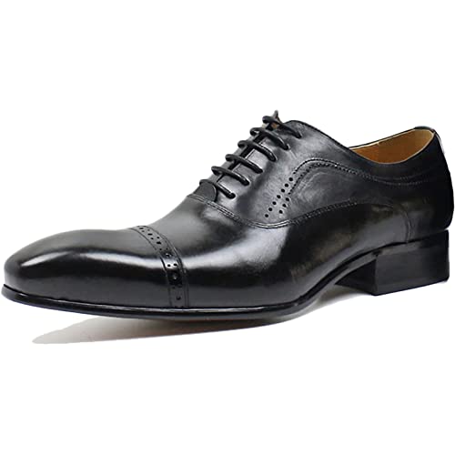 QAXZESA Herren Rindsleder Wingtip Derbys Hochzeit Formal Schnür-Oxfords Spitz zulaufende Brogues Vintage-Schuhe,Black-47 von QAXZESA