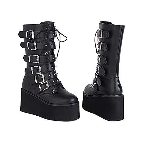 QAZW Plateau-Nietstiefel für Damen, mit Nieten besetzt, mittlere Wade, Kampfstiefel, klobiger Absatz, runde Zehenpartie, schwarze Gothic-Stiefel mit Schnalle, schwarz-41 QAZW Plateau-Nietstiefel für Damen, mit Nieten besetzt, mittlere Wade, Kampfstiefel, klobiger Absatz, runde Zehenpartie, schwarze Gothic-Stiefel mit Schnalle, schwarz-41 von QAZW