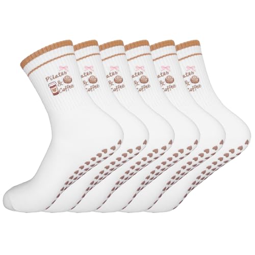 QBEJIME 3 Paare Pilates Socken, Yoga Socken, Stoppersocken Damen, Cute Pilates Reformer Non-Slip Socks, Grip Socks Pilates, For Ballet Barre Dance Trampoline Hospital Fitness Home (3 Pair Brown) von QBEJIME