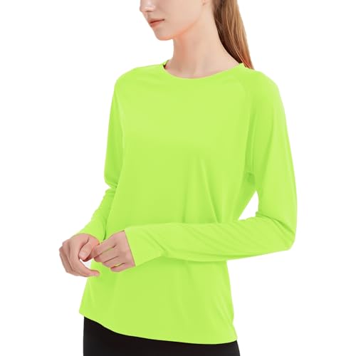 QBK Damen Neon T Shirt Langarm T-Shirt Sonnenschutz UPF 50+ für Wandern Angeln Workout Rash Guard und Athletic Sports, neon green, Large von QBK