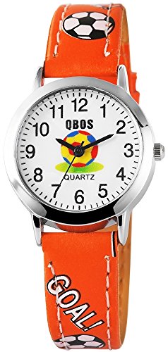 QBOS Analog Armbanduhr für Kinder und Jugendliche mit Quarzwerk RP4822580005 Metallgehäuse mit Kunstlederarmband Orange und Dornschließe Ziffernblatt Weiß Bandgesamtlänge 20cm Bandbreite 14mm von QBOS