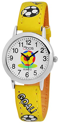 QBOS Analog Armbanduhr für Kinder und Jugendliche mit Quarzwerk RP4822400005 Metallgehäuse mit Kunstlederarmband Gelb und Dornschließe Ziffernblatt Weiß Bandgesamtlänge 20cm Bandbreite 14mm von QBOS