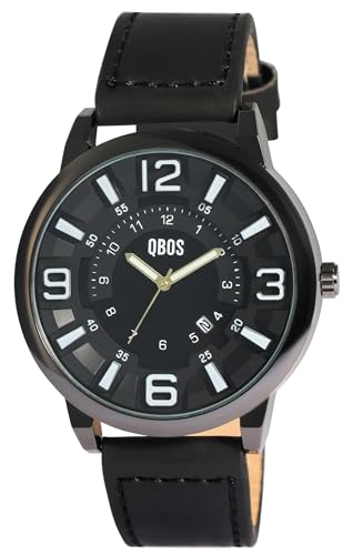 Qbos Herrenuhr Schwarz Analog Datum Leder-Imitat Quarz von QBOS