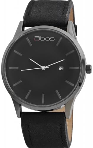 Qbos Herrenuhr Schwarz Analog Datum Metall Kunstleder Quarz Armbanduhr von QBOS