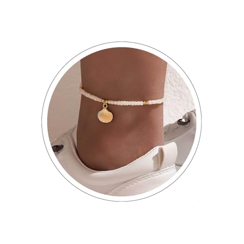 Boho Hippie Knöchel Armbänder Jakobsmuschel Anhänger Knöchelarmband Handgemachtes Kochettarmband Vintage Muschelkette Kette weißer Reisperlen Fußkettchen -Fußkettenschmuck für Frauen und Mädchen von QBTZLATJ