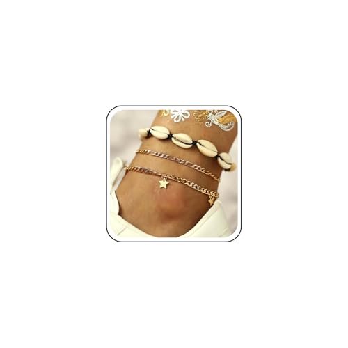 QBTZLATJ Boho Cowrie SeaShell Knöchel Armband Layered Star Pendellankettchen -Armband Star Drop Anklets Vintage Figaro Kette Fußkettchen -Fußkettenschmuck für Frauen und Mädchen 3pcs von QBTZLATJ