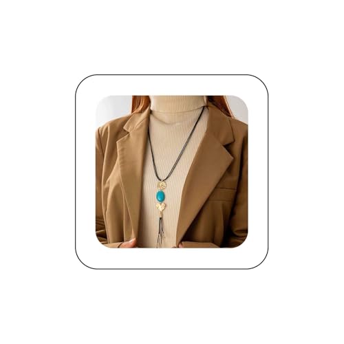QBTZLATJ Boho geschichtete Lederschluckschluckkette Vintage Oval türkis Anhänger Halskette Schwarz Leder strukturierte Scheibe Halskette Verstellbar von QBTZLATJ