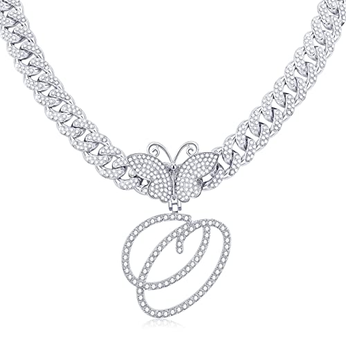 QBTZLATJ Kursiv anfängliche Anhänger Halskette Schmetterling aus Miami Cuban Link Kette für Frauen Diamant anfängliche Halskette Alphabet AZ Hip Hop Halskette Rapper Schmuck Schmuck von QBTZLATJ