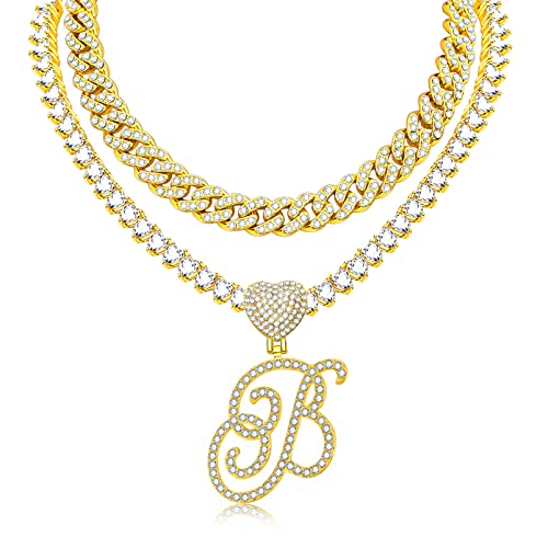 QBTZLATJ Kursive anfängliche Anhänger Halskette für Frauen Miami Cuban Link Chain Layered Herzform Diamant Out Kette Anhänger Halskette Hip Hop Schmuck Geschenk 2pcs Ketten Ketten von QBTZLATJ