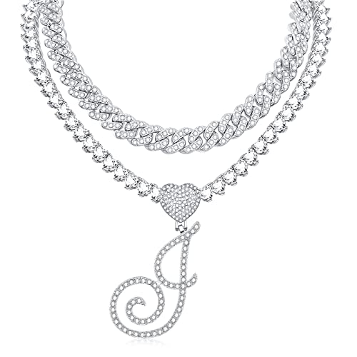 QBTZLATJ Kursive anfängliche Anhänger Halskette für Frauen Miami Cuban Link Chain Layered Herzform Diamant Out Kette Anhänger Halskette Hip Hop Schmuck Geschenk 2pcs Ketten Ketten von QBTZLATJ