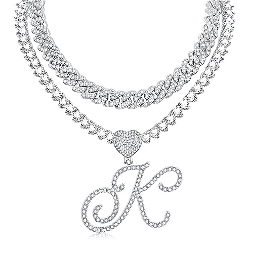 QBTZLATJ Kursive anfängliche Anhänger Halskette für Frauen Miami Cuban Link Chain Layered Herzform Diamant Out Kette Anhänger Halskette Hip Hop Schmuck Geschenk 2pcs Ketten Ketten von QBTZLATJ