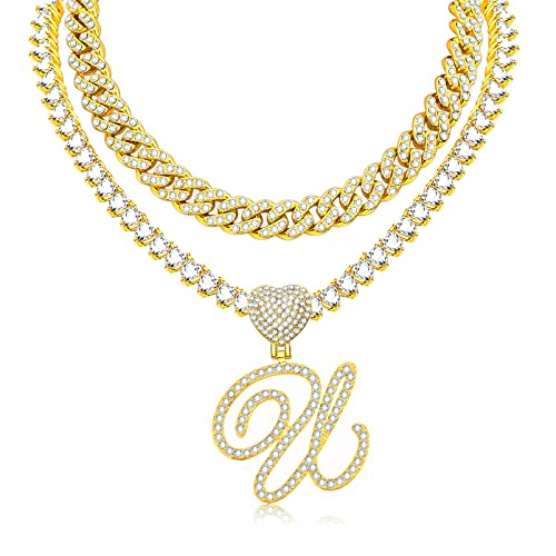 QBTZLATJ Kursive anfängliche Anhänger Halskette für Frauen Miami Cuban Link Chain Layered Herzform Diamant Out Kette Anhänger Halskette Hip Hop Schmuck Geschenk 2pcs Ketten Ketten von QBTZLATJ