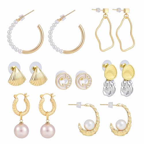 Creolen Ohrringe aus 925 Silber mit Goldoptik– Hypoallergenes 7-teiliges Ohrset (3 Perlen + 3 Metall + 1 Zirkonia) in box – Leicht & Hautfreundlich (Stil 2) von QBilooty
