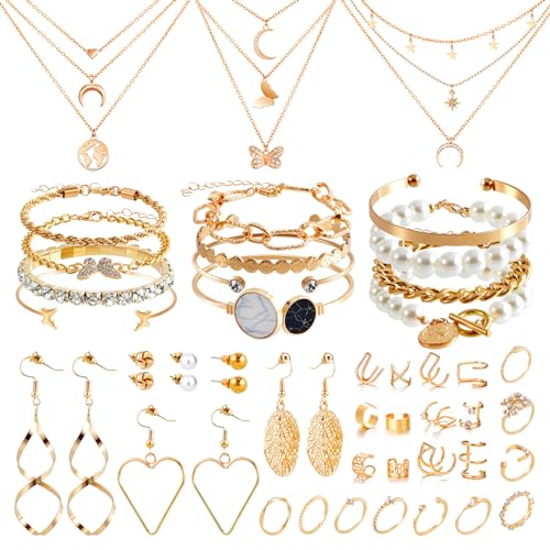 QBilooty 43 Stück Gold Schmuckset für Mädchen und Damen, mit 3 Halsketten, 12 Armbändern, 10 Ringen, 6 Paar Ohrringen, 12 Ear Cuff Ohrklemme Ohrringe, Ideal für Valentinstag, Geburtstag und Muttertag von QBilooty