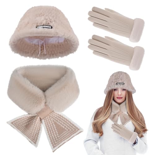 QBilooty Mütz Schal Handschuh Sets für Damen, Winter Touchscreen Handschuhe, Plüschiger, verdickter, Modisches Warmes Zubehör Kit Geschenk für Frauen von QBilooty