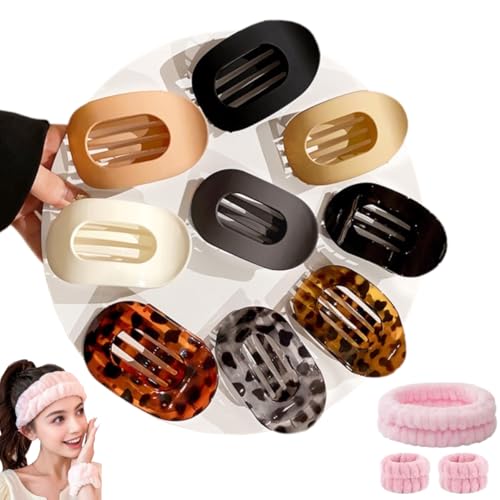 QCBFN 9 Stück Haarklammer Flach, Schildpatt Leopard Flache Haarklammern, Flache Haarspangen Damen, Runde Lay Down Haarklammer, mit Spa Stirnband Handgelenk Waschbänder Set von QCBFN