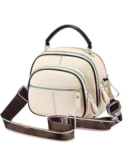 QCDZSW Bousalutend Umhängetasche, einfache mehrlagige, randübergreifende kleine runde Tasche, verstellbarer breiter Schultergurt aus Leder(Beige) von QCDZSW