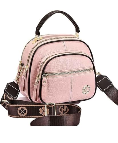 QCDZSW Bousalutend Umhängetasche, einfache mehrlagige, randübergreifende kleine runde Tasche, verstellbarer breiter Schultergurt aus Leder(Pink) von QCDZSW