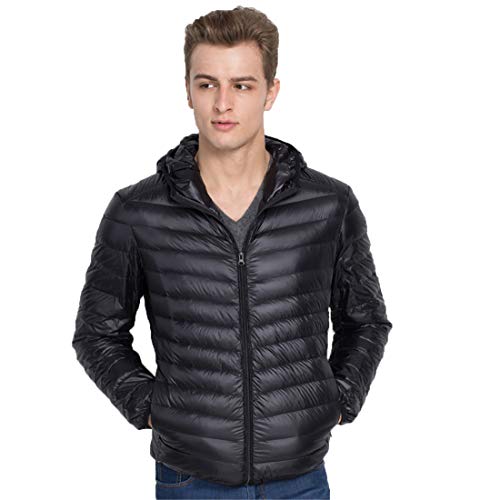 QCHENG Herren Ultraleichte Daunenjacke mit Kapuze Leicht Verpackbar Herbst Winter Warme Jacket Steppjacke Daunenmantel Schwarz Medium von QCHENG