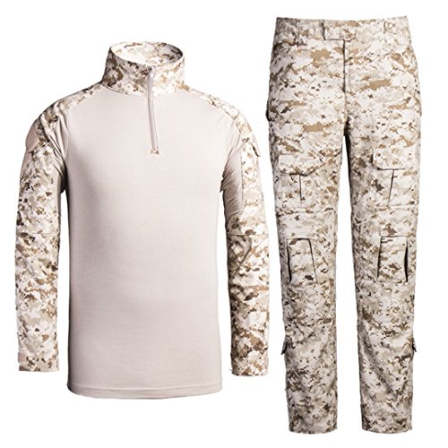 Taktisches Hemd Militärhemd und Hose Airsoft Männer Langarm BDU Combat Camouflage Camo Kampf T-Shirt für Tactical Paintball Uniform Armee (Digitale Wüste L) von QCHENG
