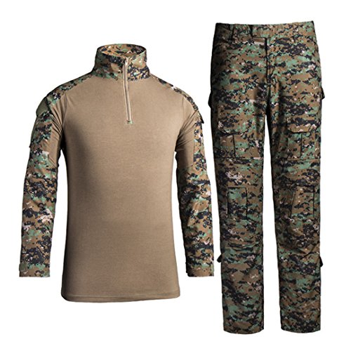 Taktisches Hemd Militärhemd und Hose Airsoft Männer Langarm BDU Combat Camouflage Camo Kampf T-Shirt für Tactical Paintball Uniform Armee (Digitaler Dschungel M) von QCHENG