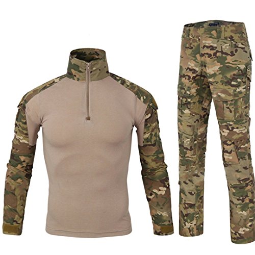 Taktisches Hemd Militärhemd und Hose Airsoft Männer Langarm BDU Combat Camouflage Camo Kampf T-Shirt für Tactical Paintball Uniform Armee (MC L) von QCHENG